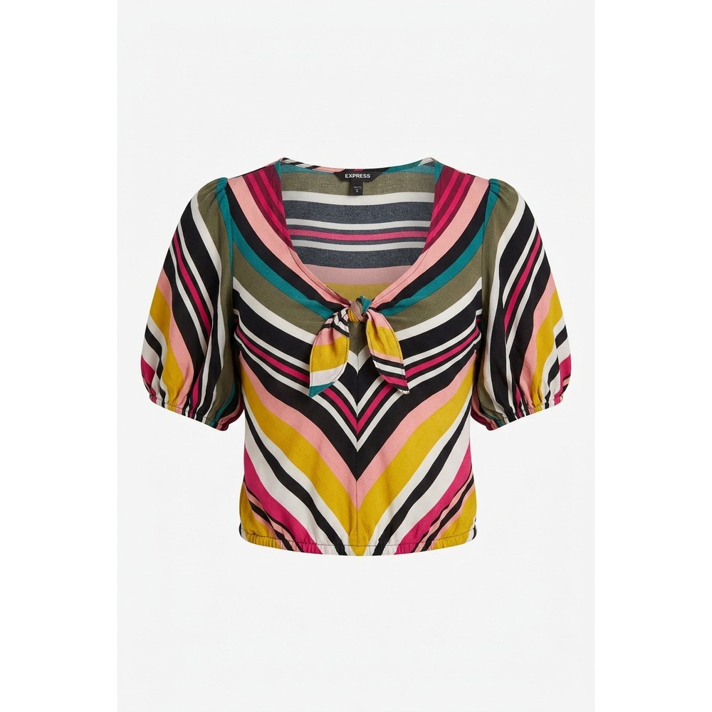 Express Womens XS Multi Color Striped Puff Sleeve‎ Tie Front Crop Top Blouse